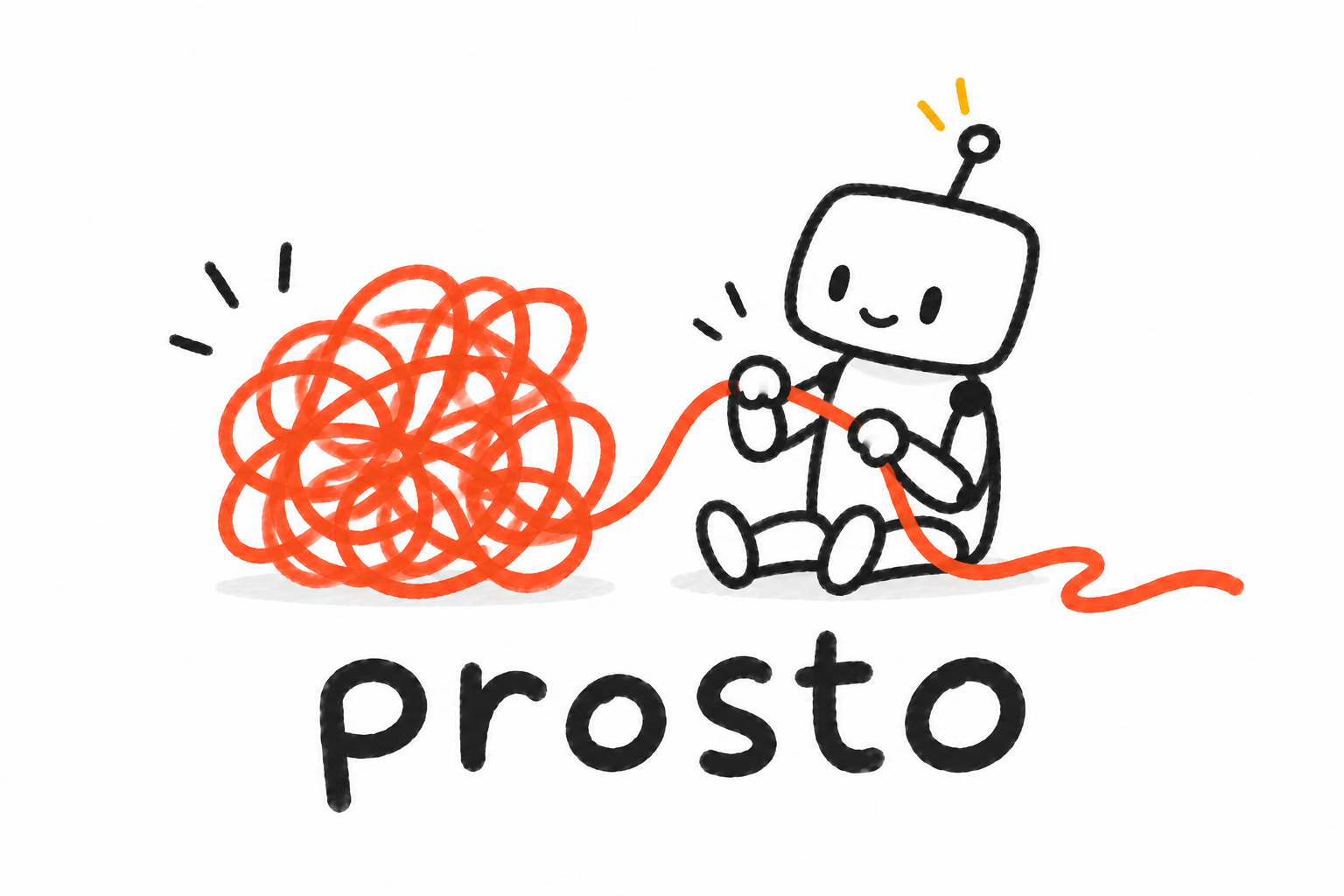 A friendly robot calmly untangling a bright red knot above the prosto wordmark